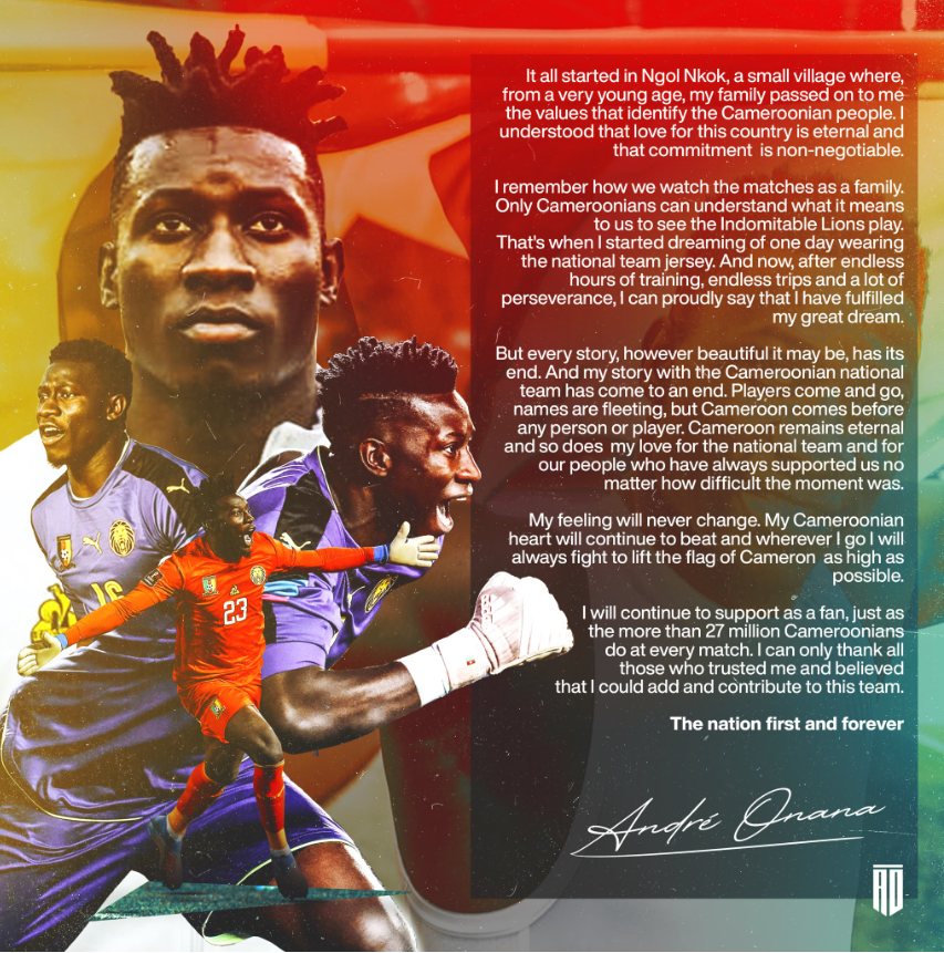 Unggahan Andre Onana terkait keputusannya untuk pamit dari Timnas Kamerun (Foto: Twitter @andreyonana)
