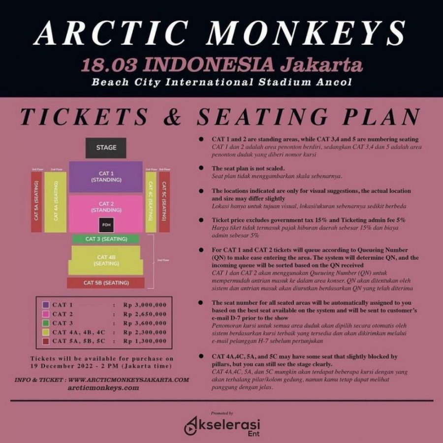 Seat plan dan harga konser Arctic Monkeys (Foto: Akselerasi Entertainment)