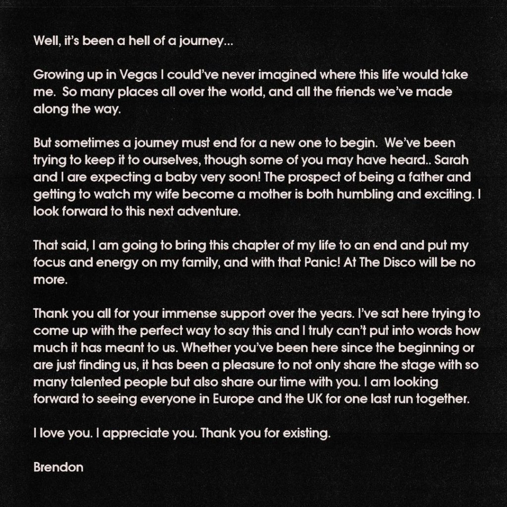 Panic! at the Disco umumkan bubar (Foto: Instagram)