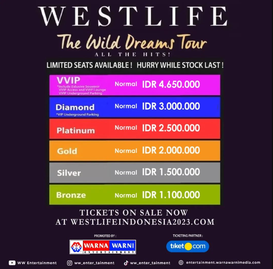 Daftar harga tiket konser Westlife di Indonesia (Foto: Instagram @ww_enter_tainment)