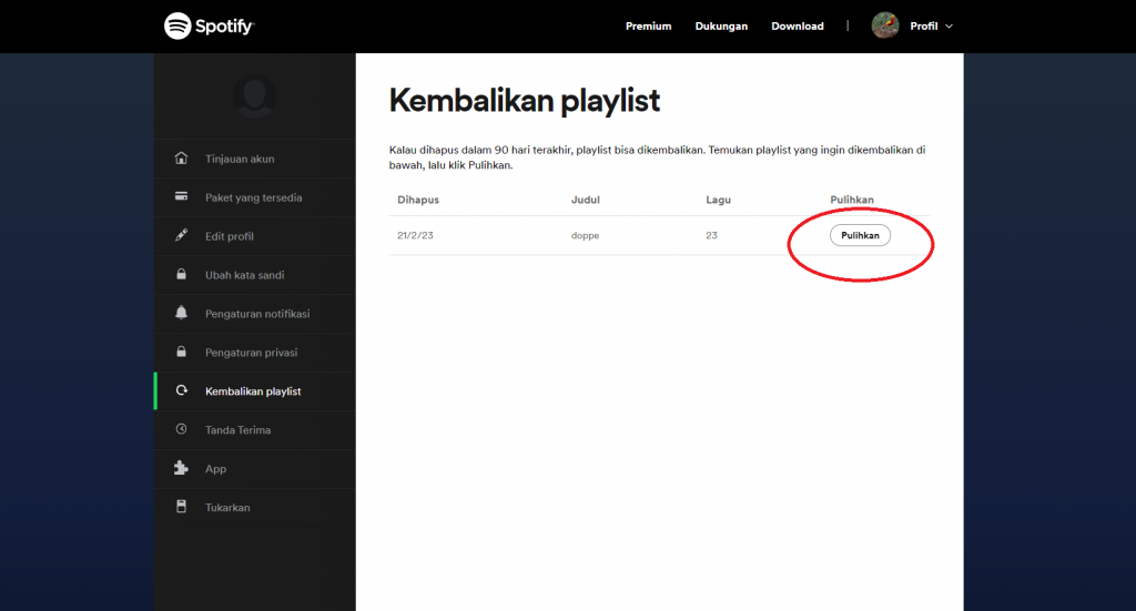 Langkah mengembalikan playlist Spotify
