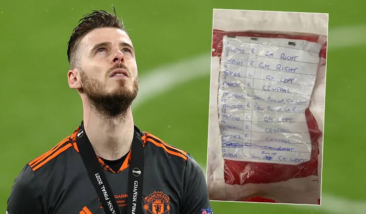 David de Gea lihat contekan saat pertandingan (Foto: Extra.ie)
